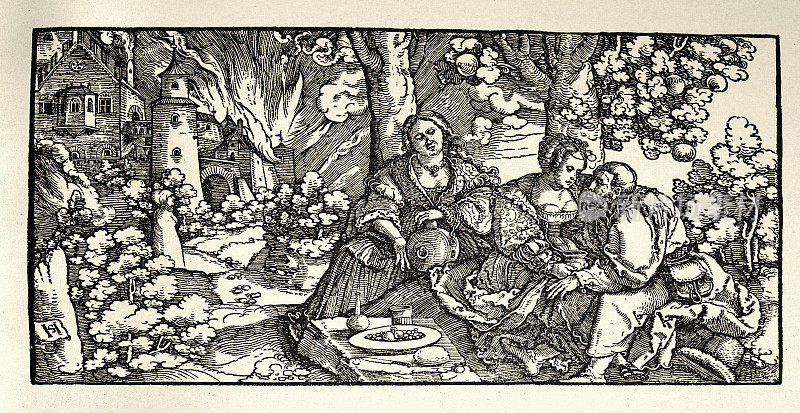 Lot and his two daughters, and the destruction of Sodom, during which Lot's wife became a pillar of salt by Hans Leonhard Sch?ufelein, etching, german 16th Century art